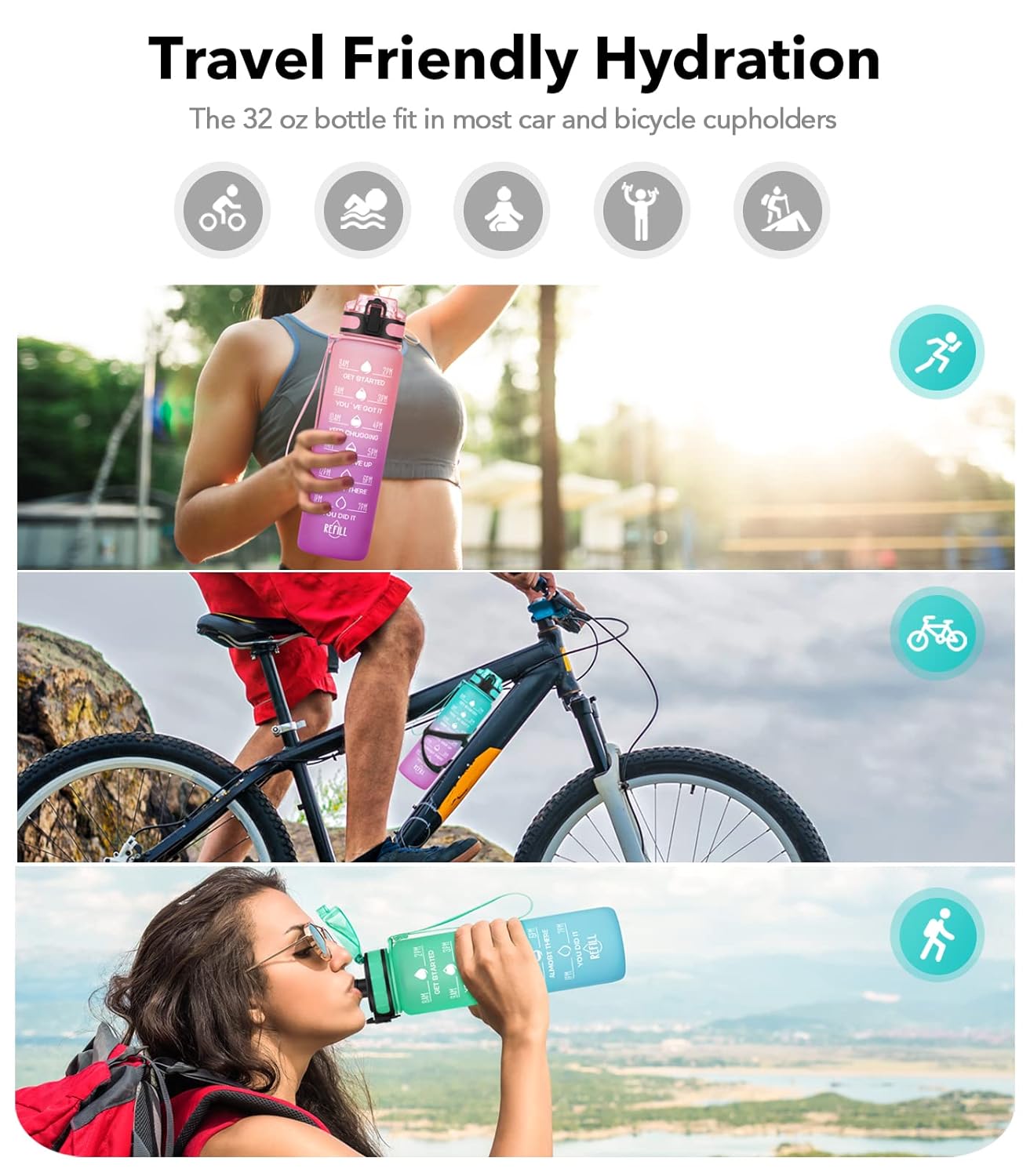 Motivational Fitness Sports Water Bottle Leakproof BPA-Free with Time Marker 1000 ml Bottle Pack of 2, Multicolor, Silicone GenzVybs